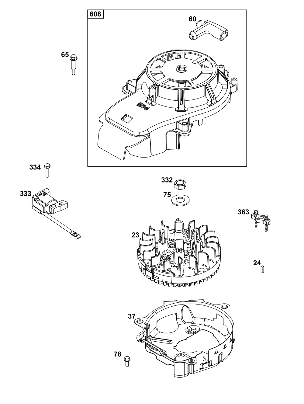 Flywheel, Ignition, And Starter Group Diagram and Parts List for 125P02-0070-F1  Cub Cadet Lawn Mower